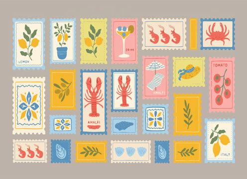 Set of italian summer mediterranean postage stamps. Vacation in Italy. Amalfi. Hand drawn lobster, lemons, tomato, seashell, cocktail, shrimp, crab, tile, beach umbrella. Vector new