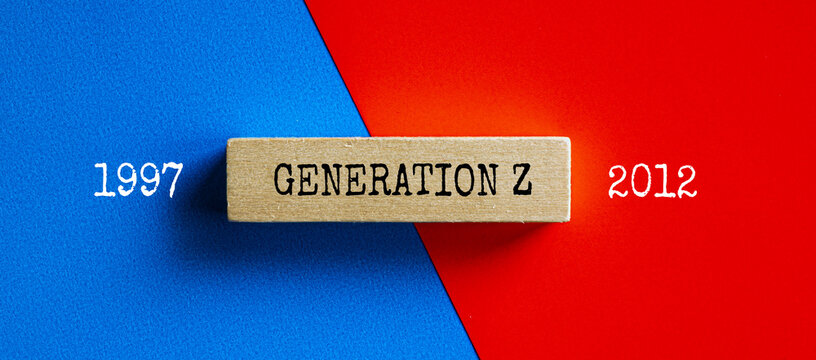 Generation Z label on blue and red diagonal background with years 1997 and 2012, generational identity and demographics concept