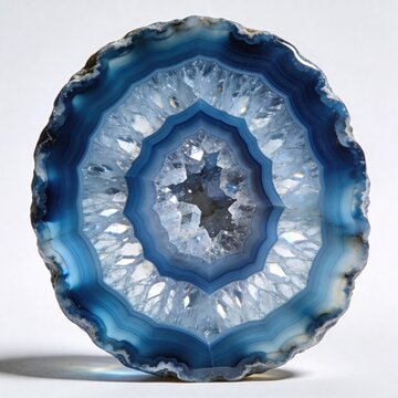 Symmetrical blue agate crystal geode slice showing sharp circular mineral lines on white background.