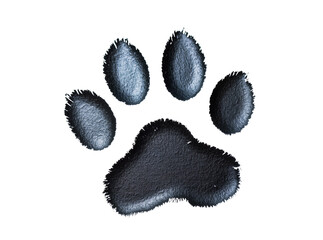 Isolated textured black and gray animal paw print design with rough edges, pet track symbol © Diego