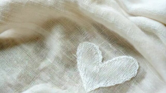 A close look at white fabric showing heart shapes. Each frame shows detailed stitching on the soft fabric. The work happens in a bright space with simple tools