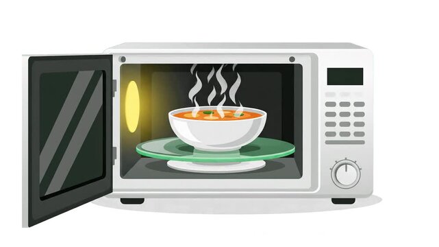 A kitchen microwave oven with an open door showing a hot bowl of soup steaming inside. Designed in a flat vector style on a white background, ideal for fast food, quick lunch, and domestic tech visual