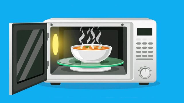 A vector graphic illustration of a kitchen microwave oven steaming a fresh bowl of soup on a solid light blue background. This flat 2D animation asset is suitable for food preparation guides, student 