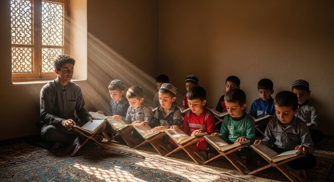 A teacher instructing a group of young children reading religious books in a traditional school.