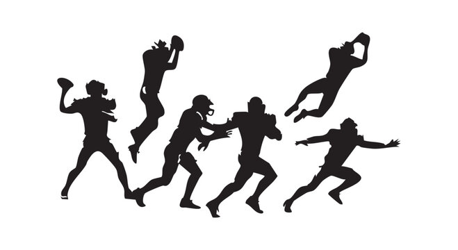 American football players in action silhouettes including quarterback throwing and players catching ball on white background.