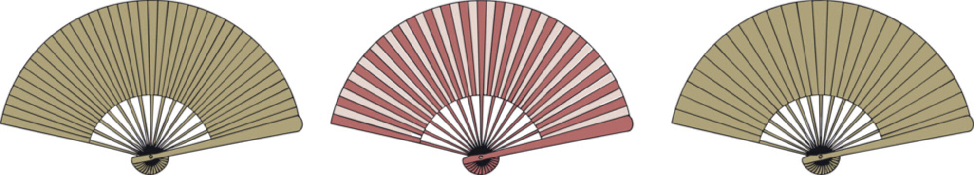 Set of traditional folding hand fan icons in vintage tan and red colors for Asian culture summer cooling and decorative fashion accessory design
