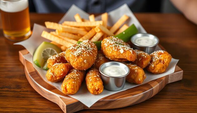 Beer fried snack platter on wooden tray, 8k. White tone