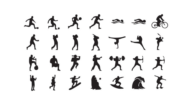 Athletic fitness activities and olympic sports icons collection showcasing various physical exercise body movements.