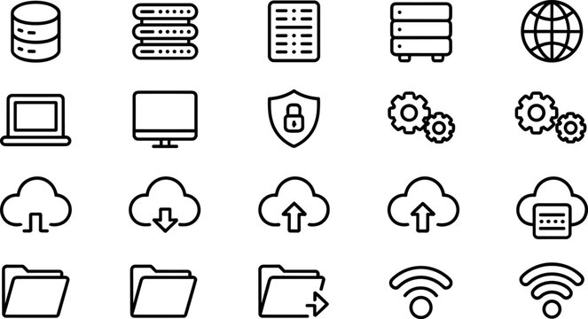Set of blue technology and cloud computing icons featuring data servers network security storage folders and wireless connectivity for IT service design