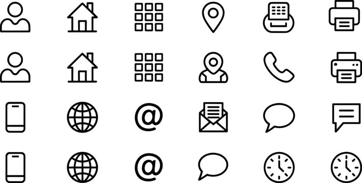 Set of black thin line business and contact icons featuring home profile location telephone email and clock symbols for professional website and mobile application interface design