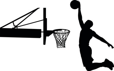 Basketball player jumping for slam dunk silhouette vector illustration with hoop and backboard isolated on white background for sports design © MdAbdur