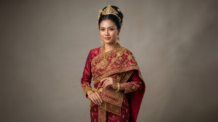 Obraz premium Elegant Woman in Traditional Thai Silk Dress and Gold Crown for Cultural Celebration
