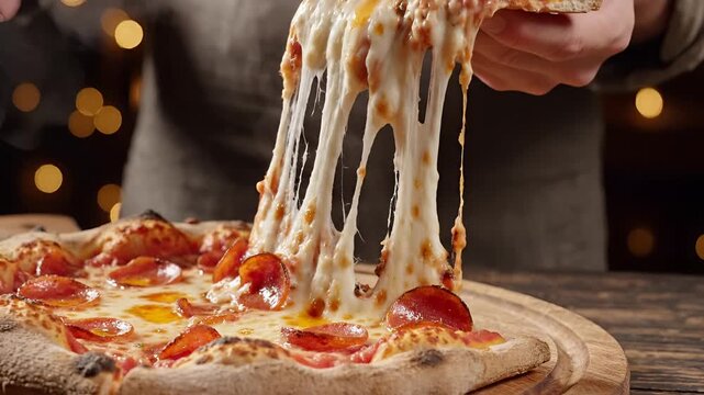 Delicious Pepperoni Pizza Slice Being Pulled with Stretchy Cheese.