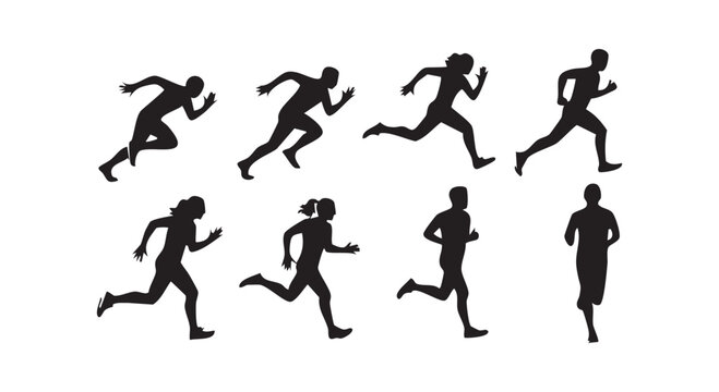 Black silhouette set of runners in different motion poses isolated on white background for sport and competition design.