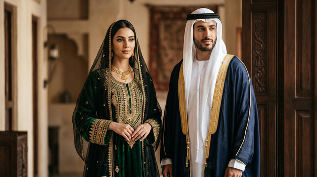 Arab Couple wearing Traditional Emirati National Costumes Standing in Heritage Building