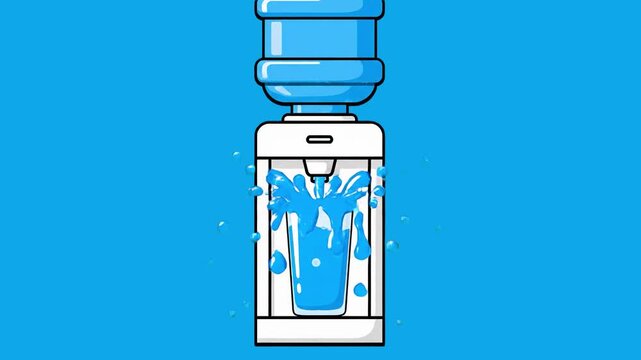 A 2D flat animation of an office water cooler dispenser pouring dynamic splashes of blue water into a transparent drinking glass. This vibrant corporate graphic asset is optimized for office refreshme