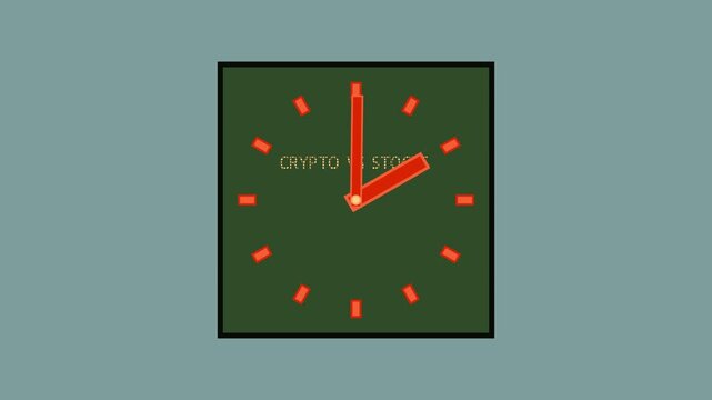 Four square analog clocks display times presenting the words CRYPTO VS STOCKS