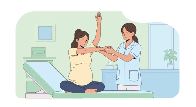 Physiotherapist and pregnant woman doing arm exercises in clinic, prenatal care and recovery