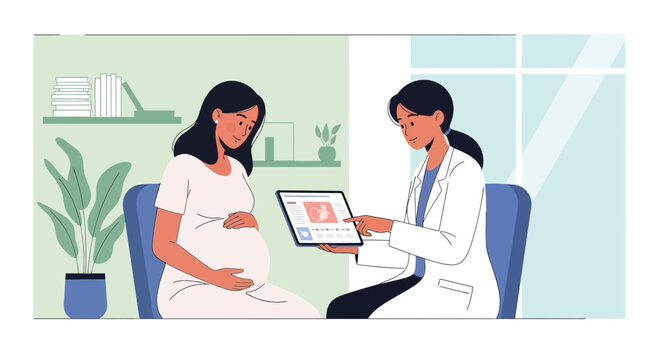 Pregnant Woman Doctor Consultation Flat Illustration showing Ultrasound Results