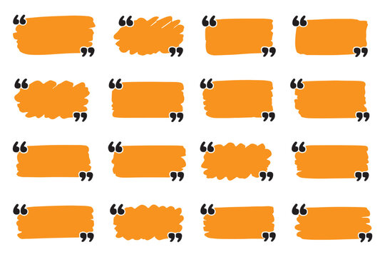 Quotation mark text box frame set. Hand drawn marker brush stroke text message frame background. Quotation mark dialog speech, square, chat banner design template. Vector illustration