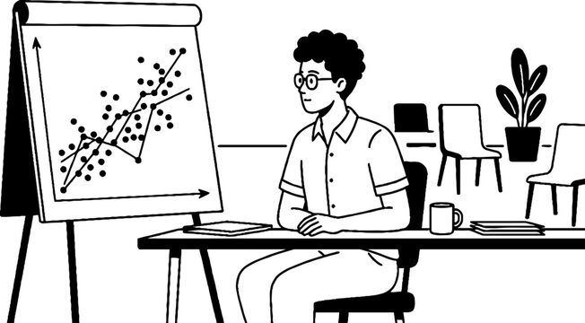 Analyst reviewing data trends on flip chart in office