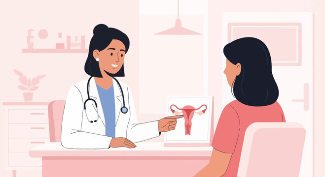 Woman Doctor Explaining Uterus Health to Female Patient in Medical Consultation