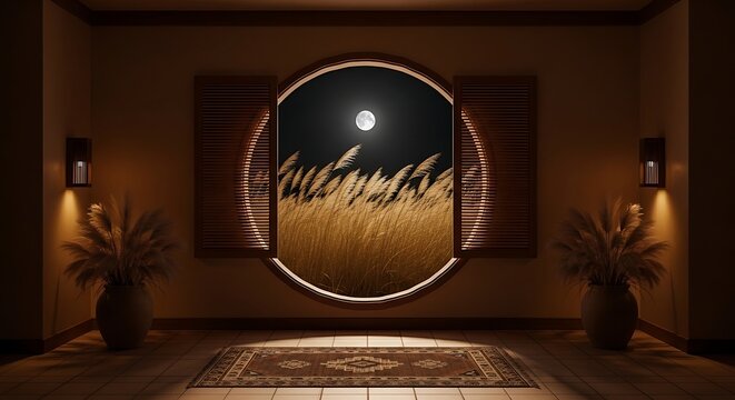 A serene nighttime scene with a large moonlit window