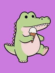Fototapeta premium Cute cartoon crocodile enjoying ice cream walking