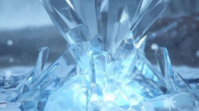 Slow motion closeup pan of ice crystal formation shimmering and fracturing on frozen shoreline with falling snowflakes in winter morning