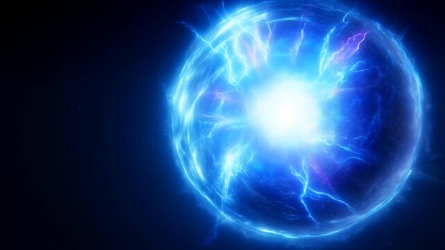Slow motion tracking zoom of glowing energy sphere pulsating and emitting electric plasma in dark space void