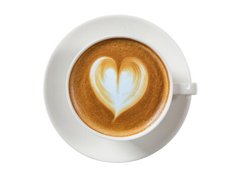 Isolated top view of a classic white coffee cup with a beautiful latte art heart design