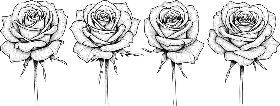 Detailed black and white rose illustrations, realistic floral drawings with stems and thorns, artistic botanical flower anatomy concept design