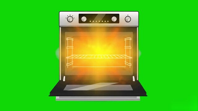 A kitchen oven door opening to reveal a intense, glowing yellow and orange heat wave inside. Designed in a flat vector style on a chroma key green screen, this asset is built for video editors working