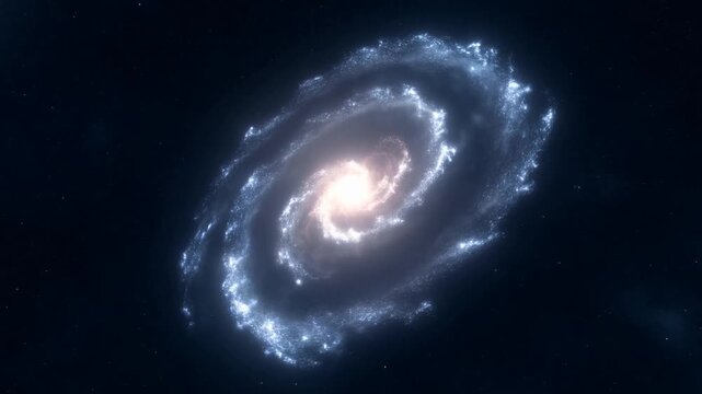 Slow motion rotation shot of spiral galaxy rotating and swirling in deep outer space with glowing stars and luminous core