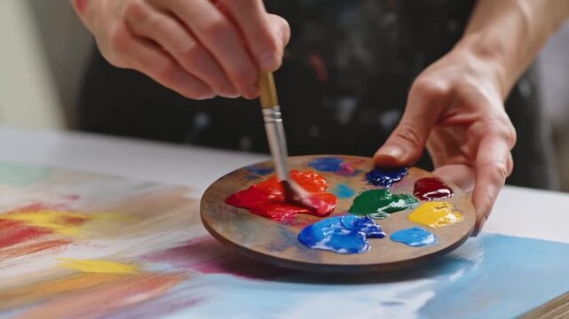 Tracking shot of artist hands mixing paint on wooden palette over canvas in studio close up