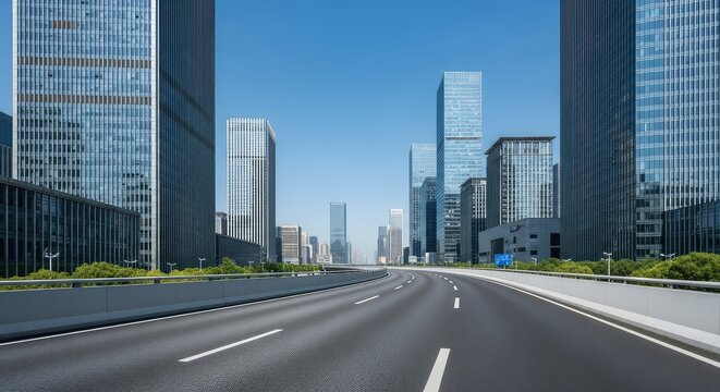 Wide multi-lane asphalt roads curve through a modern cityscape of tall glass skyscrapers and office buildings under a clear blue summer sky, steel, skyscraper, skyline