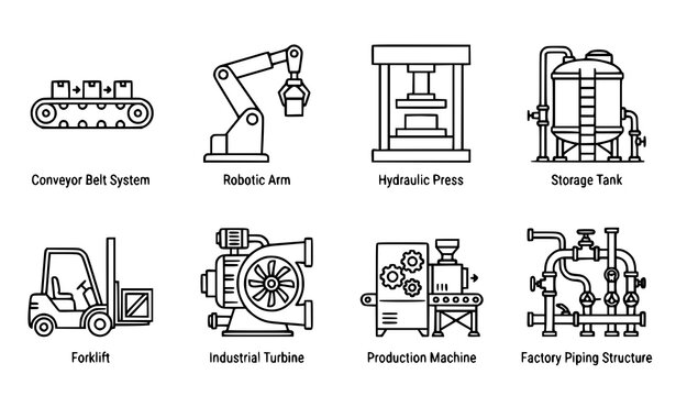 Industrial machinery outline vector icon set with factory equipment and engineering production symbols