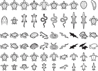Obraz premium A collection of stylized black and white illustrations depict various reptiles including turtles, lizards, snakes, and crocodiles in different poses and sizes.