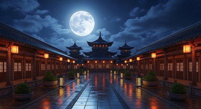 Serene Asian temple courtyard at night under full moon