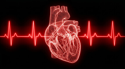 Fototapeta premium Heart Wireframe with Red Electrocardiogram Line on Black Background Illustrating Medical Health