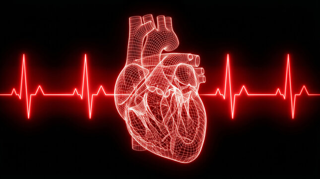 Heart Wireframe with Red Electrocardiogram Line on Black Background Illustrating Medical Health