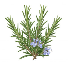 Fototapeta premium A detailed botanical of a fresh rosemary sprig with needle-like green leaves and small light purple flowers on a black background