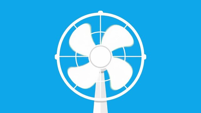 A simple 2D vector illustration of a stationary electric desk fan with visible blades and a grid cage. This clean white icon is designed as a universal element for web, mobile apps, or motion graphics