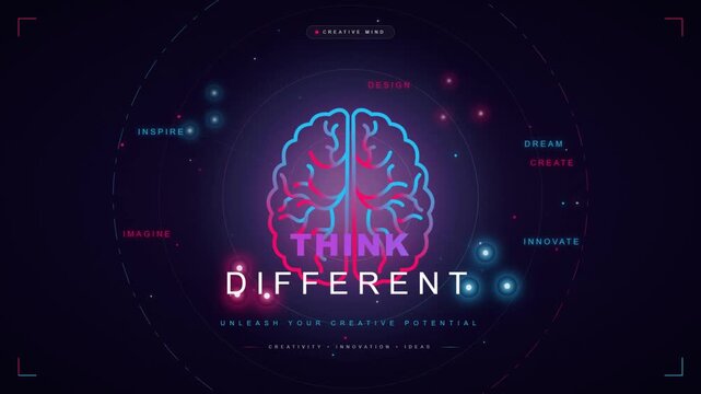 Creative mind concept with neon brain graphic and motivational typography about thinking differently.