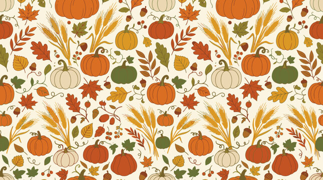 Autumn harvest seamless pattern with pumpkins and wheat stalks.