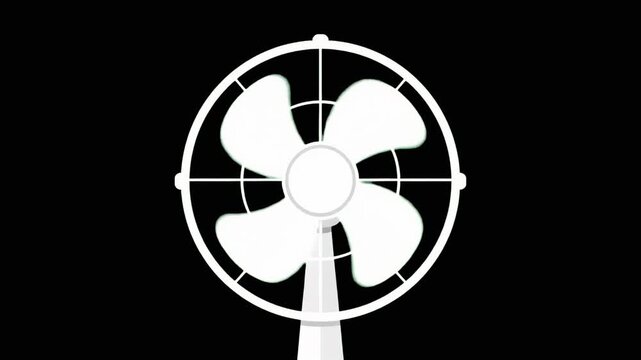 A clean, flat 2D vector graphic of a modern electric desk fan with four blades and a protective grill cage. This high-contrast white silhouette icon is isolated on a solid black background, perfect fo