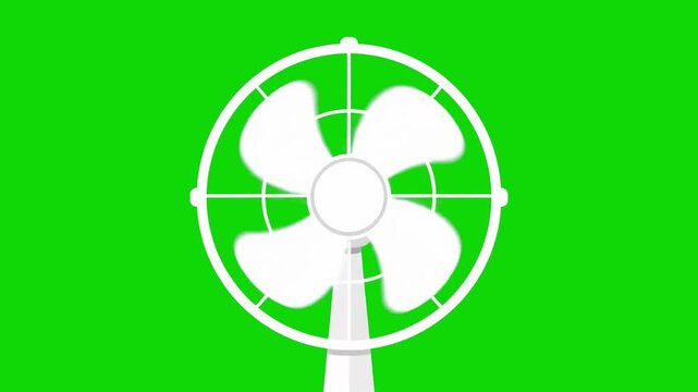 A white classic household table fan with spinning blades creating a refreshing breeze. This flat 2D vector animation on a vivid green screen is ideal for topics about summer heat waves, cooling, clima