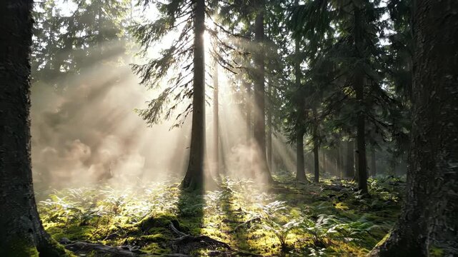 Sunlight filtering through trees in a misty forest with ferns and undergrowth on the forest floor
