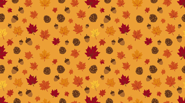 Autumn leaves and pinecones seamless pattern on orange background.