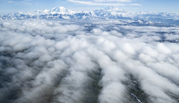 Mt Foraker and Mt Denali or Mount McKinley, aerial view, Alaska Range, Denali National Park, Alaska, USA
